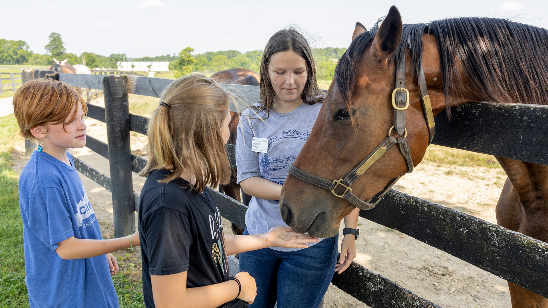 A young woman stands next to a horse and leads two younger children to interact with the horse.