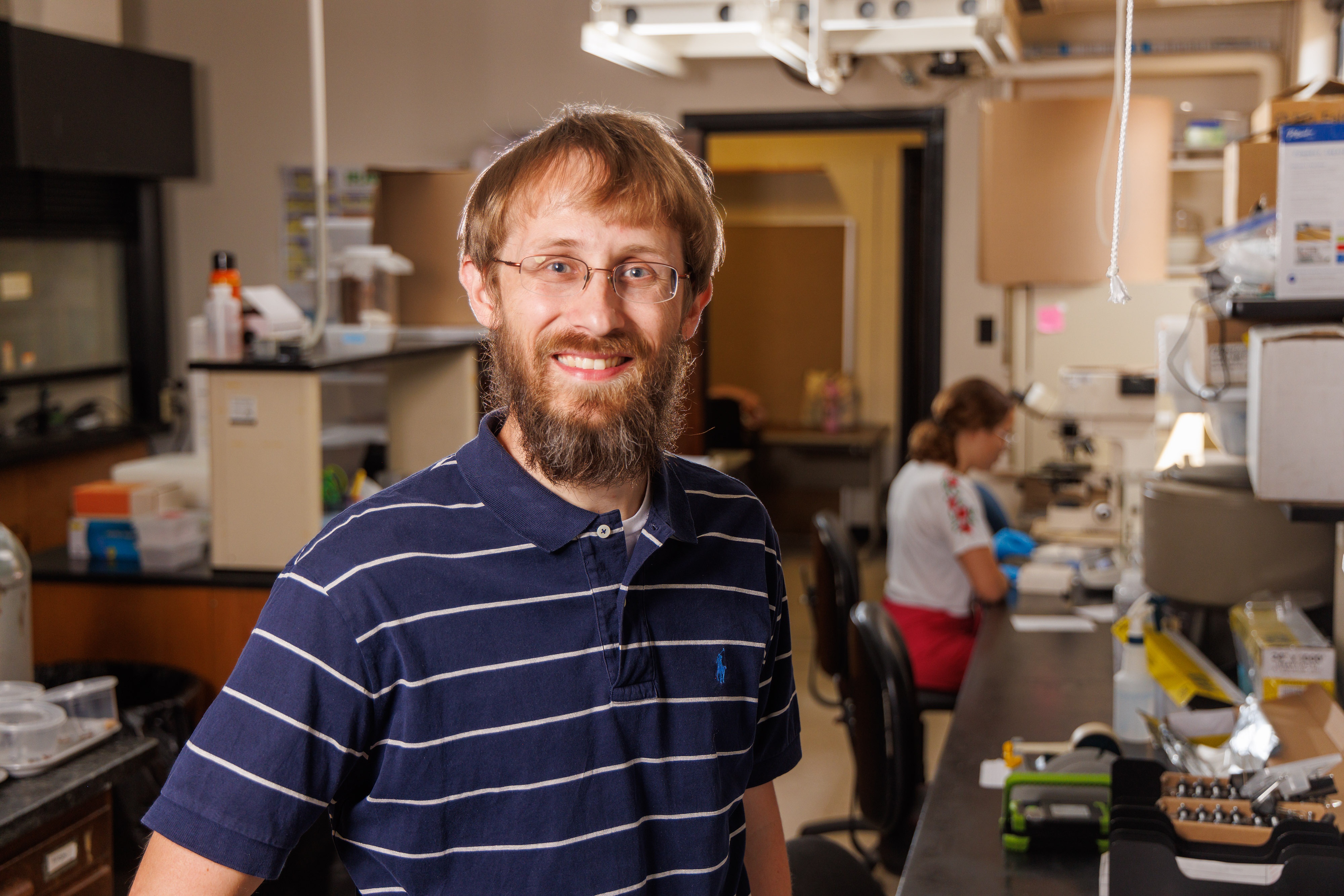 Zachary DeVries in the lab. Photo by Matt Barton.